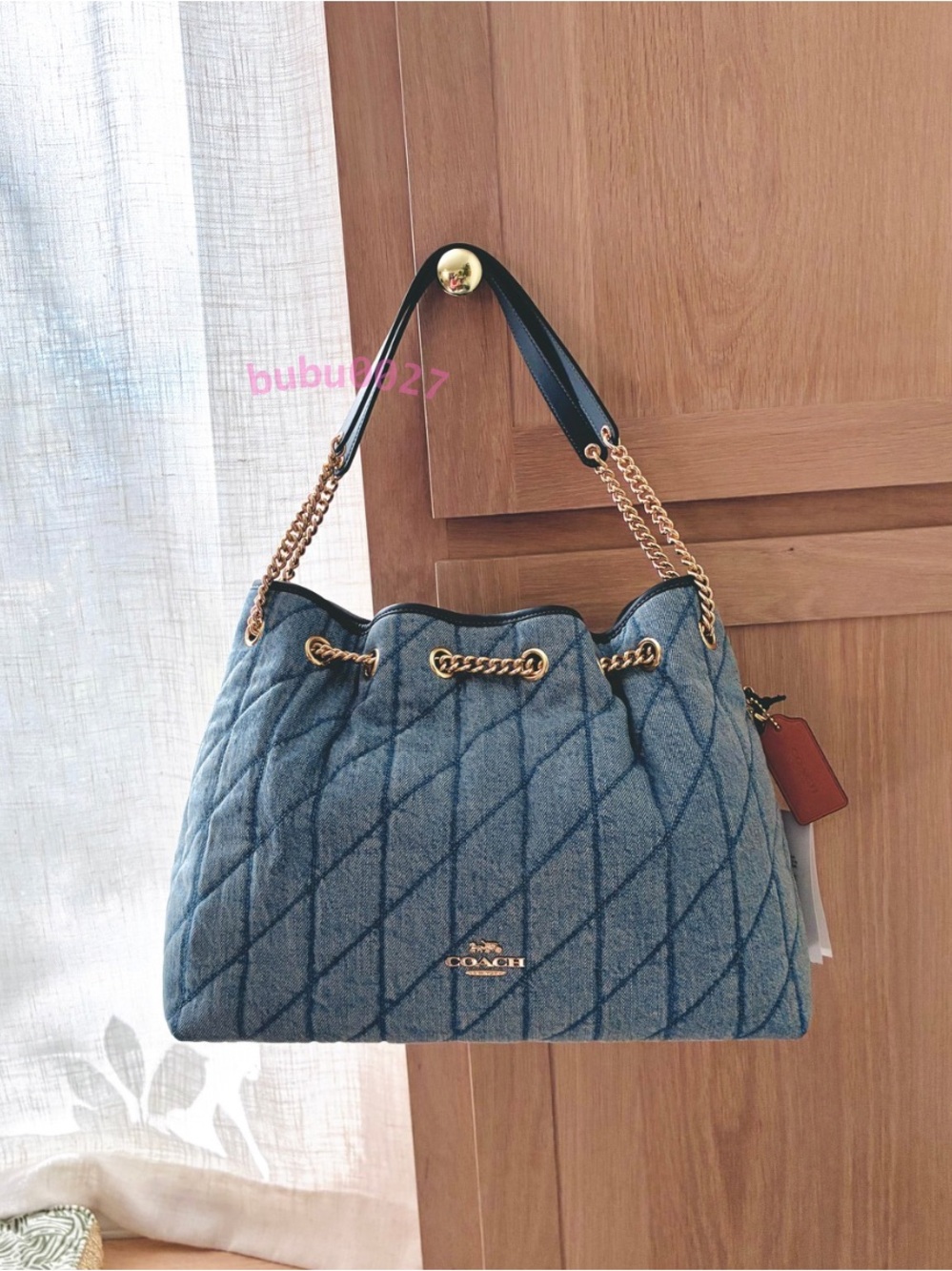 NWT🍀Coach Evelyn Shoulder Bag Regenerative Cotton Quilting Indigo Denim CDC02
